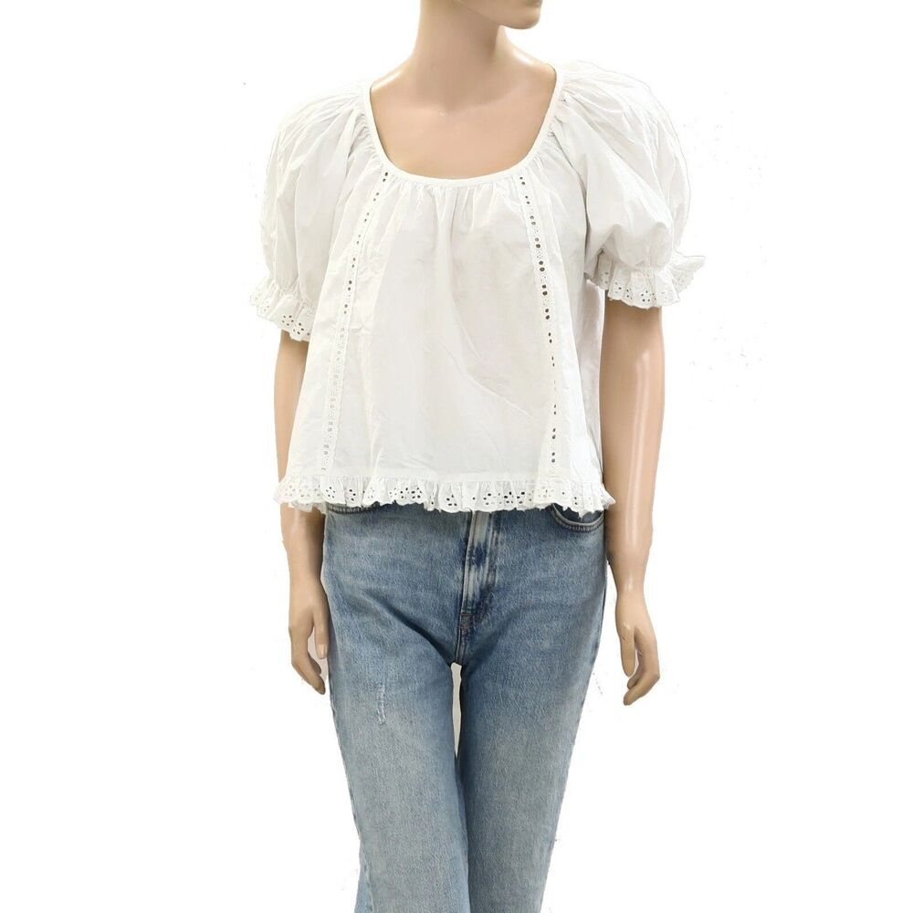 Sandy Liang Eyelet Embroidered Blouse Top Lace Solid White Cotton S New 284798